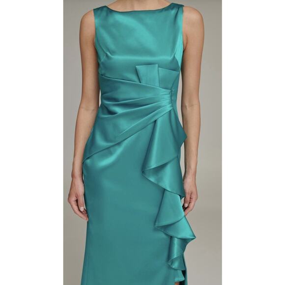 Eliza J Ruffle Satin Jade Green Mermaid Gown Size 10 - Picture 2 of 10